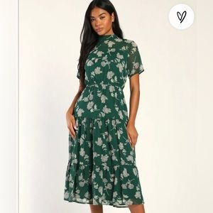 NWT Lulus Floral Dark Green Floral Print Midi Dress